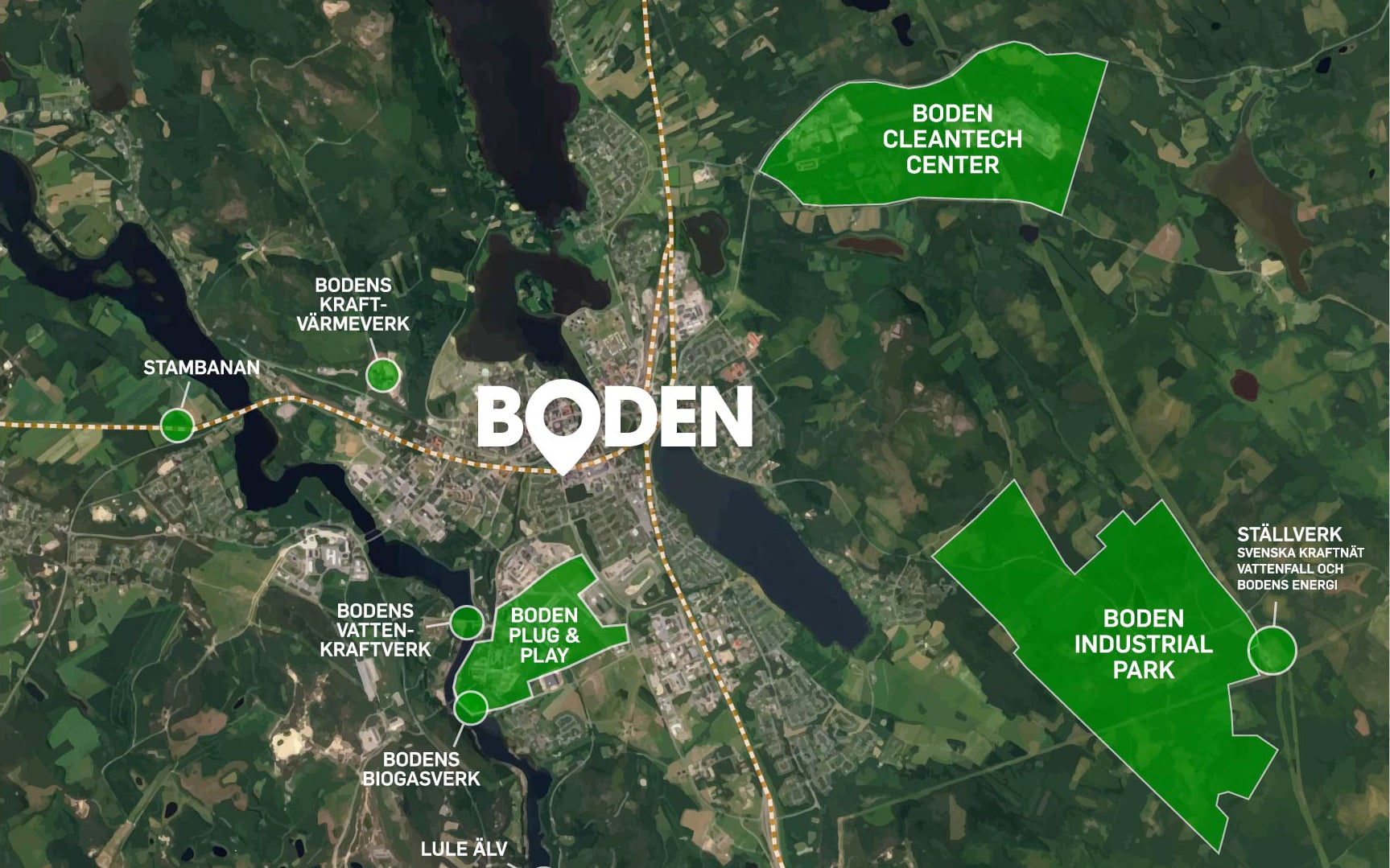 En satellitkarta över Boden som visar viktiga punkter för stadens grön omställning, inklusive Bodens Kraft-Värmeverk, Stambanan, Bodens Vattenkraftverk, Bodens Biogasverk, Boden Plug & Play, Boden Cleantech Center och Boden Industrial Park. Vart och ett av dessa områden är markerat med gröna former och textetiketter på kartan. En punktlinje bildar en båge över staden med texten "BODEN" i stora bokstäver centralt placerade, vilket indikerar stadens kärna. Floden Lule Älv sträcker sig genom den nedre delen av bilden.