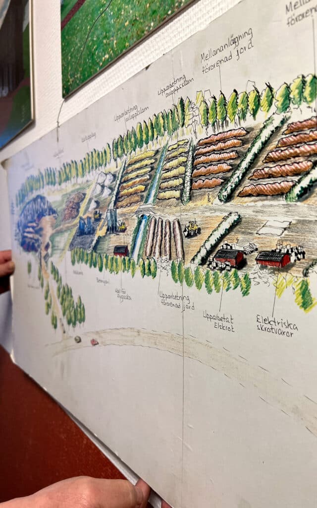 Close-up of the map/illustration that the older man pointed to in the first image. The map appears to be a plan or concept for a landscape project, with different areas marked for different activities or buildings. There is text and handwritten notes on the map, suggesting that it is a working document used to plan or explain a project.