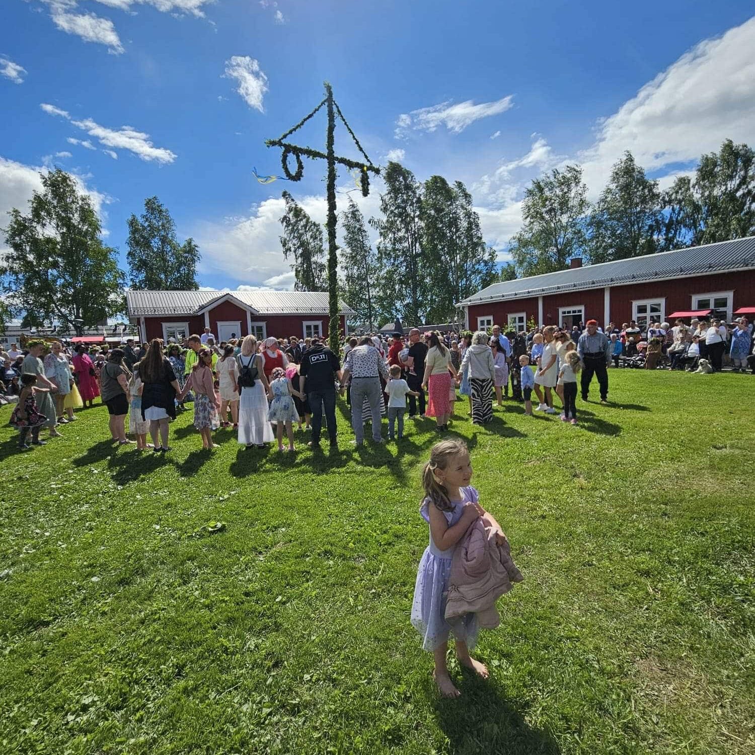 Midsummer pole and people dancing around it.