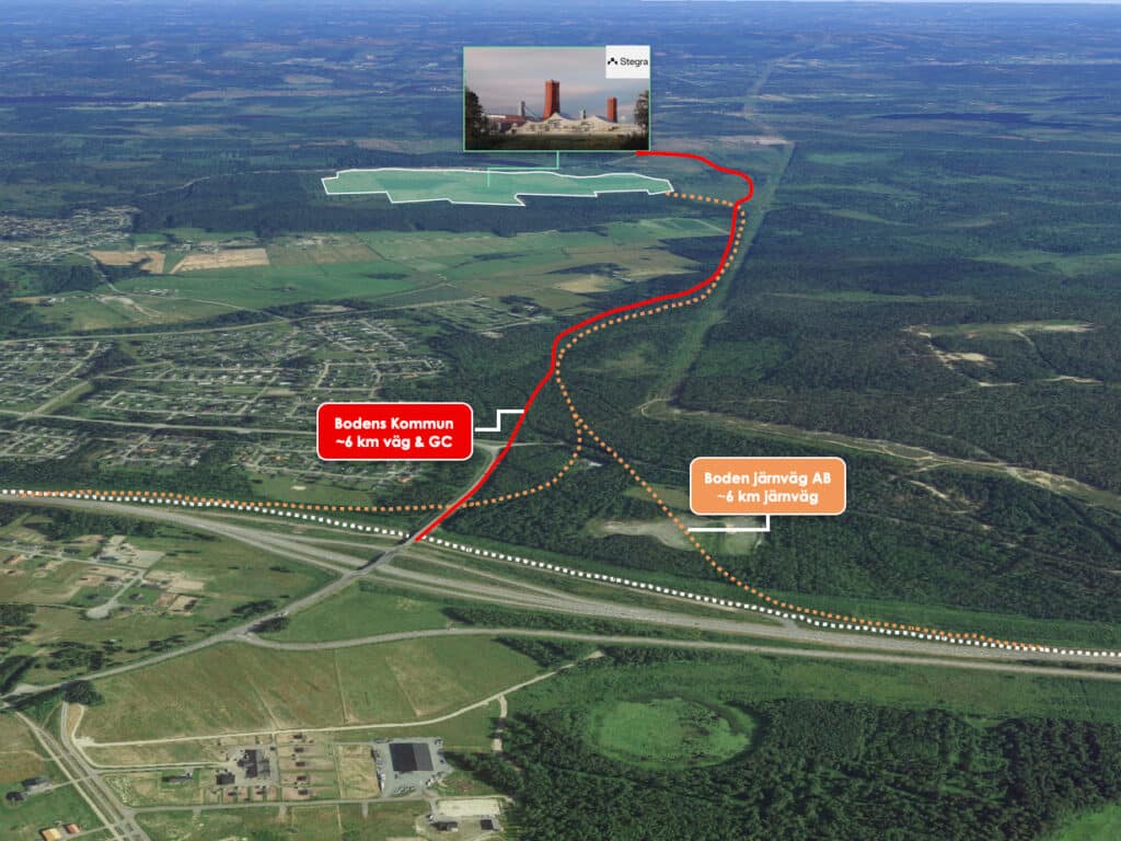 An aerial view showing planned infrastructure connections in Boden, with roads and railways marked. An area with the Stegra factory is visible in the background. 